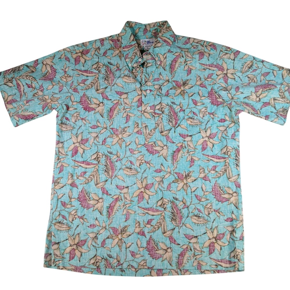 Reyn Spooner Shirt Mens L Reverse Pullover Floral Turquoise Cotton Blend